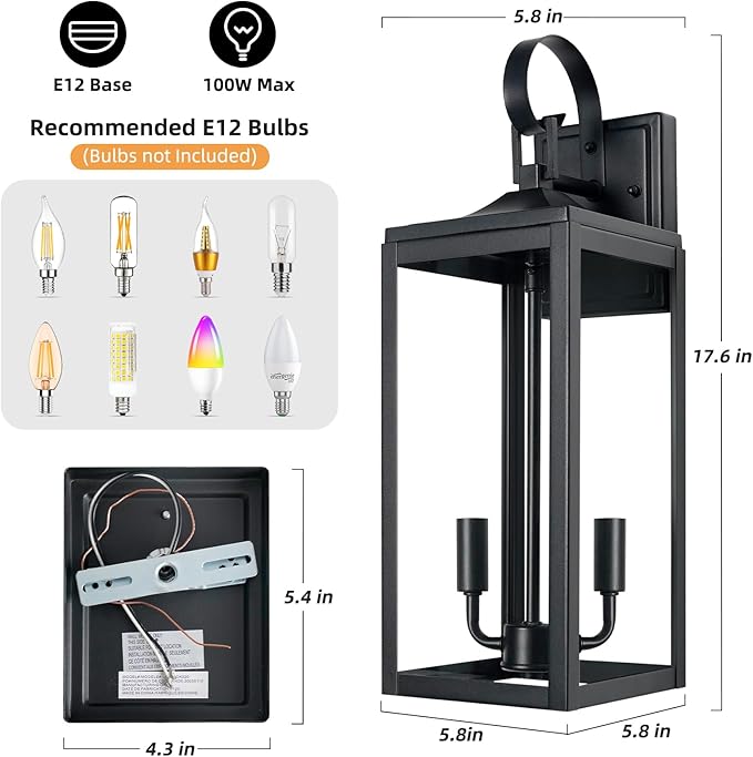 OKELI 17.6 2-Pack Outdoor Wall Light Fixture Large Exterior Porch Lighting 2-Light Farmhouse Outside Lantern Lights with Clear Glass Waterproof Wall Sconces Lamp for House Garage