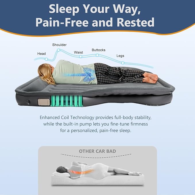 Self-Inflating SUV Air Mattress with Built in Electric Pumpcar air Mattress with Pillow for TrunkPortable car Mattress for Travle and Camping Gray