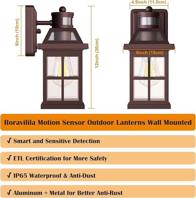 Bronze Outdoor Wall Lights with Motion Sensor ETL Exterior Light Fixtures Waterproof 2 Pack Anti-Rust Aluminum Porch Lights Dusk to Dawn Outdoor Lights Brown Lantern Sconces for House