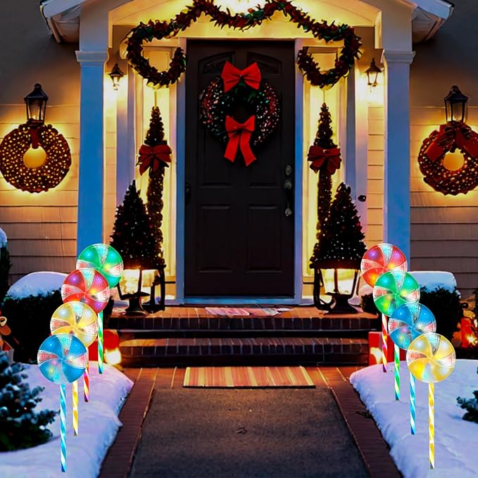Candy Christmas Decorations Pathway Outdoor Solar Lights 29 inches 80 LED Lighted Lollipop Solar Christmas Lights with 8 Modes Waterproof String Lights Outdoor Lights for Yard Patio Walkway-4PCS