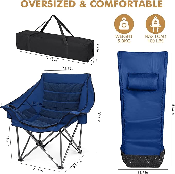 Oversized Fully Padded Camping Chair with Removable Foot Pocket Heavy Duty Comfy Folding Camp Sports Chair for Adults Summer Winter Outdoor Ice Fishing Hunting RV Cup Holder XL 400 LBS