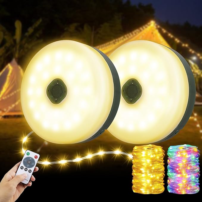 2PCS Camping String Lights 33ft 4 in 1 Rechargeable 100LED Outdoor Tent String Lights with 14 Lighting Modes Remote Control Waterproof with Timer Function for Camping Gear Essentials Hiking Garden