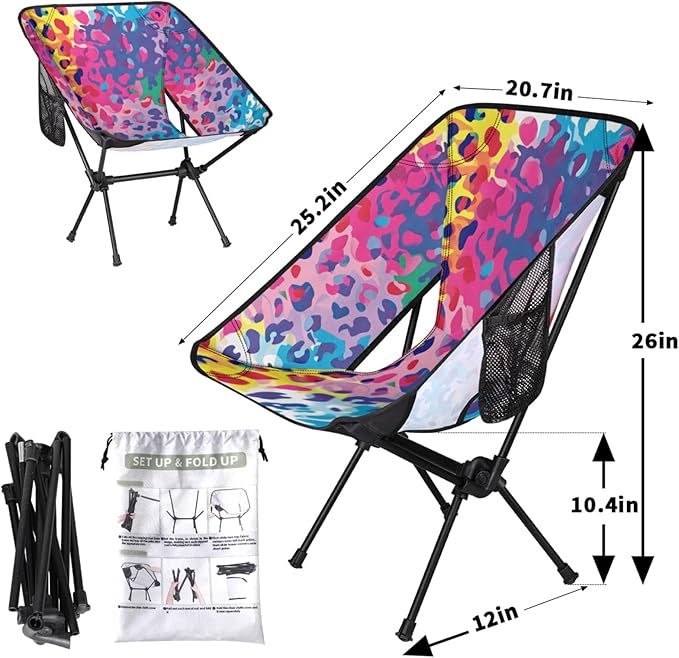 Honeybaby Folding Camping Chair Colorful Leopard Print Camping Chairs Lightweight Portable Chair Outdoor Foldable Chairs for Camping Travel Picnic Beach Hiking
