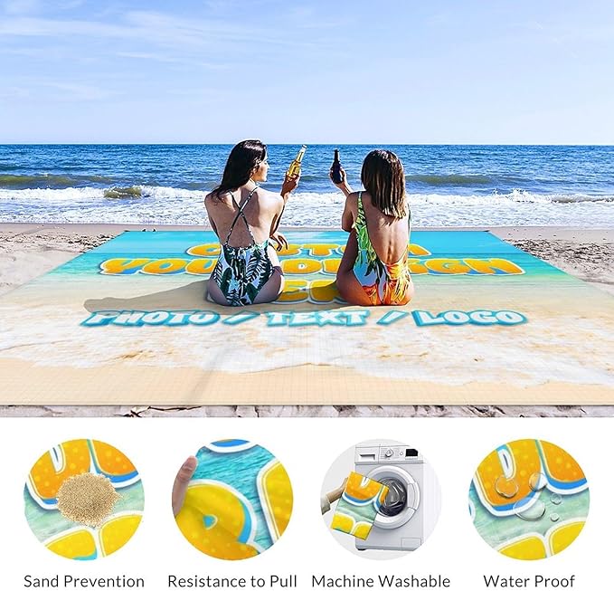 Custom Waterproof Beach Blanket - Personalized Sandproof Beach Mat with Photo Text - 110'' x 118'' Oversized Travel Blanket for Picnic Camping