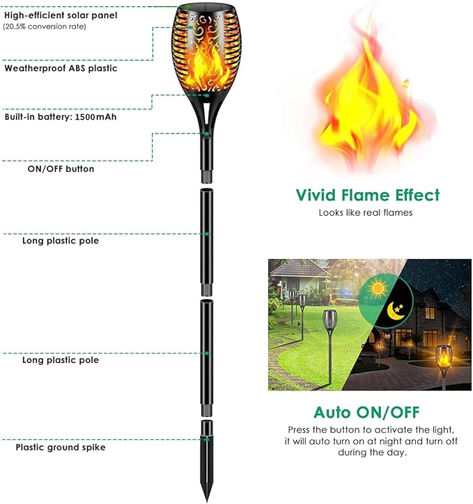 Solar Lights Outdoor 99 LED Higher &amp Larger Flickering Flame Solar Torch Light 43 Waterproof Outdoor Lighting Solar Powered Pathway Lights Christmas Decorations for Garden Patio Yard (6Pack)