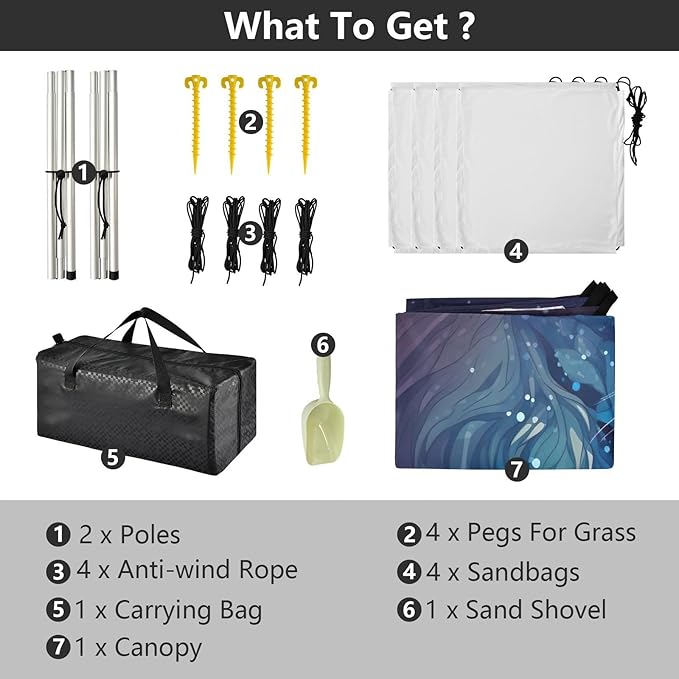Linear Lion Blue Beach Tent Sun Shelter 9.2' x 10.5' Beach Canopy with 4 Sandbags 4 Stability Poles Sand Shovels - Tent Canopy for Beach Camping Fishing Picnics