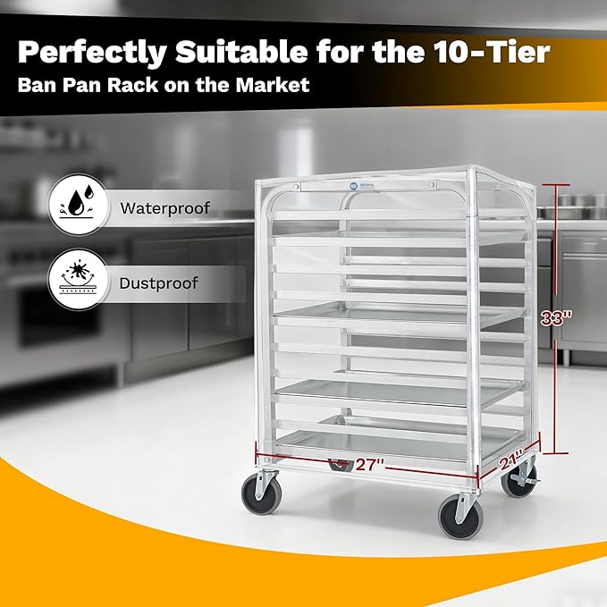 Bun Rack Cover – 10 Tier Commercial Bakers Racks Sheet Pan Rack Cover PVC with 2 Sided Zippers Clear 27 L x 21 W x 33 H