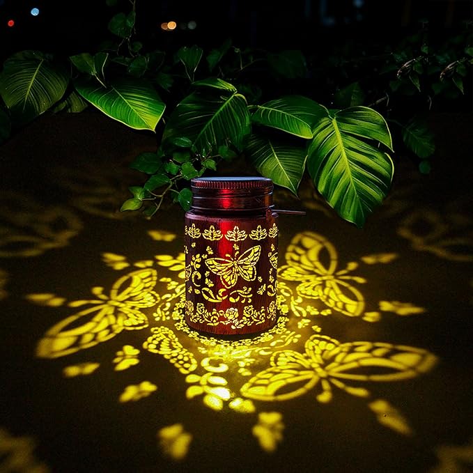 4pack Solar Outdoor Mason Lanterns Hummingbird Butterfly Dragonfly Sunflower Garden Decor LED Light Hanging Waterproof Metal Lanterns for Patio Pathway Yard (Art Deco 4pack)