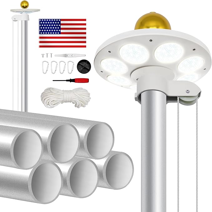 20FT Flag Pole Kit with Solar Light in Ground Heavy Duty Sectional Extra Thick Aluminum Flagpole Kit with 136 Led Flag Light Solar Powered Flag Included