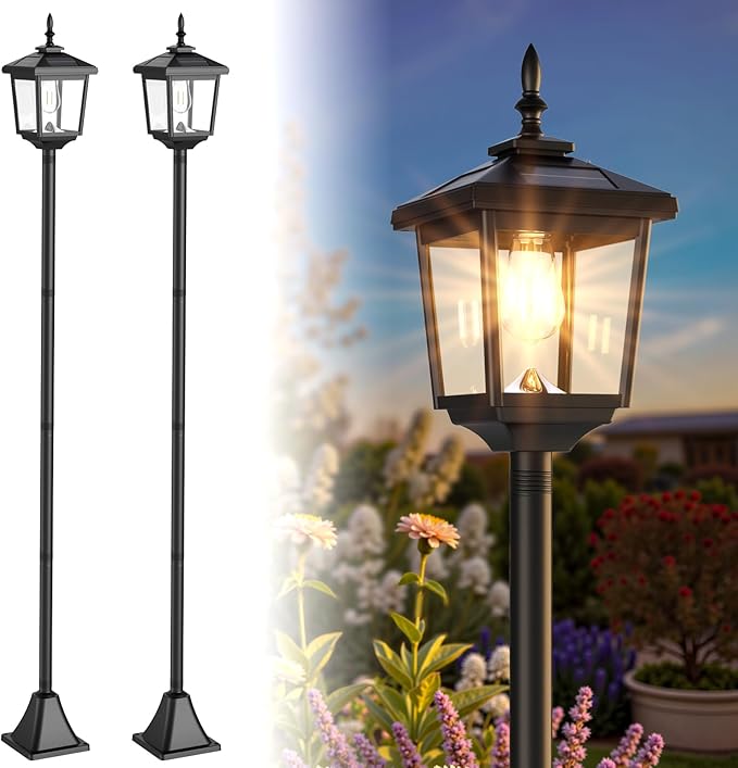 Greluna Solar Lamp Post Light Outdoor Warm White IP45 Waterproof Solar Post Lights Outdoor Pole Lights Decorative Lamp for Yard Garden Patio Lawn Pathway Driveway Front/Back Door 2 Pack