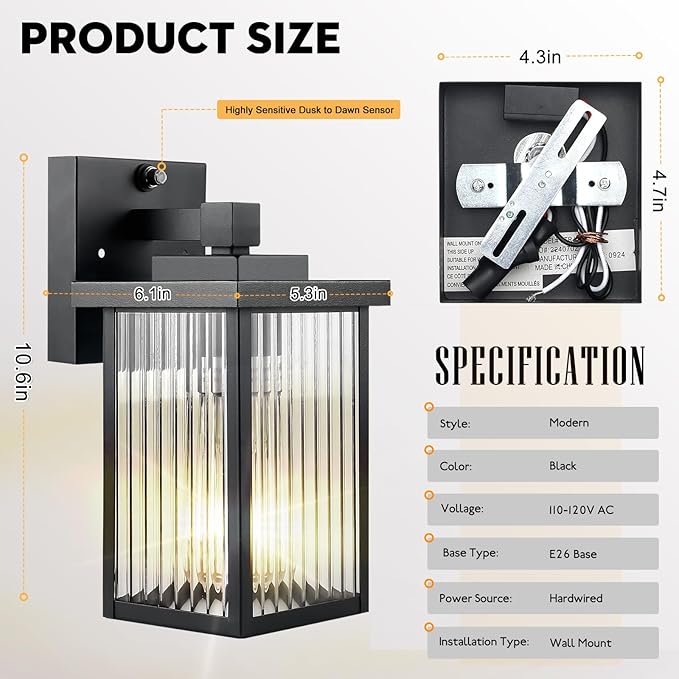 2 Pack Dusk to Dawn Outdoor Lighting Modern Wall Sconce with Textured Glass Waterproof IP65 Exterior Light Fixture Soft Glow Warm Ambiance for Front Door Porch Garage 10.6 Inch Height Black
