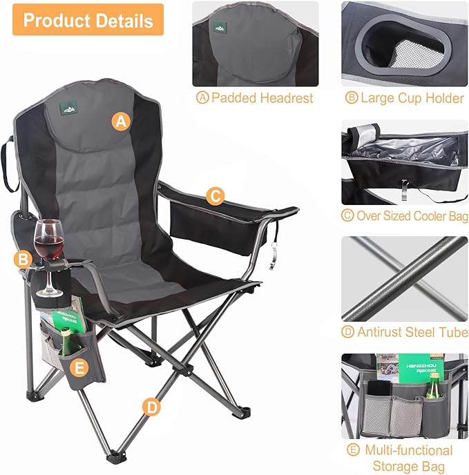 Northroad Oversized Camping Chair Full Padded Outdoor Folding Chair Support 350 LBS Heavy Duty Lawn Chair w/Cup Holder Cooler Bag Shoulder Straps for Adult-Black