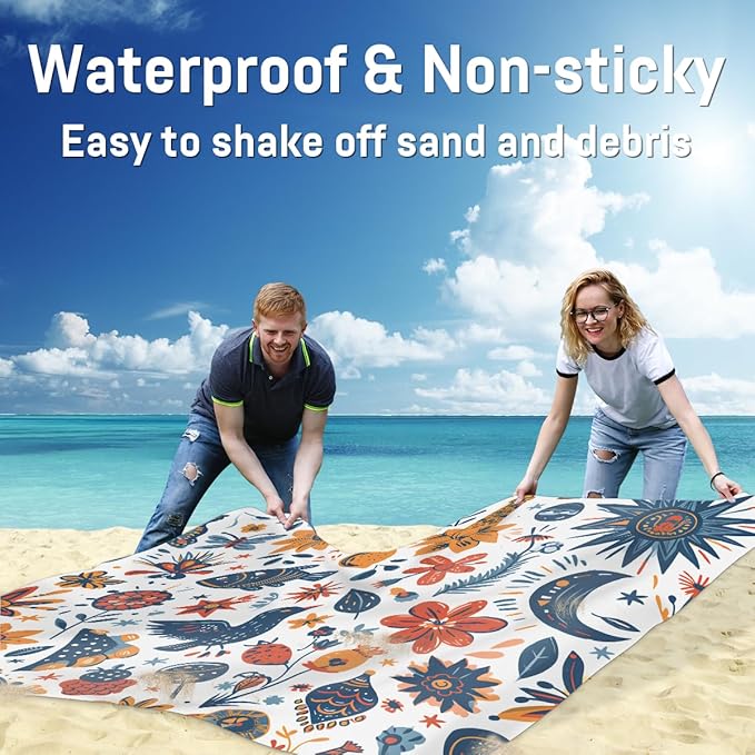 Waterproof Sandproof Beach Blanket 59''×68'' Animals &amp Plants Polyester Outdoor Picnic Blanket with 4 Stakes &amp Storage Bag for BeachCampingVacation White