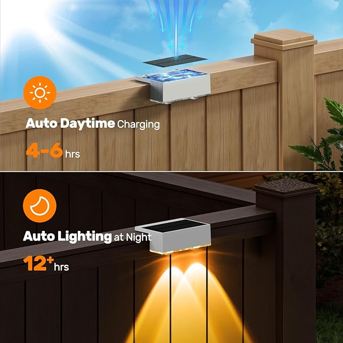 NIORSUN Solar Fence Lights12 Pack Deck LightLed Outdoor Lamp 3000K/6000K + RGB Wall LightsIP45 Waterproof Solar Powered Light for Backyard/Pool/Railing/Patio/Porch/Step (White)