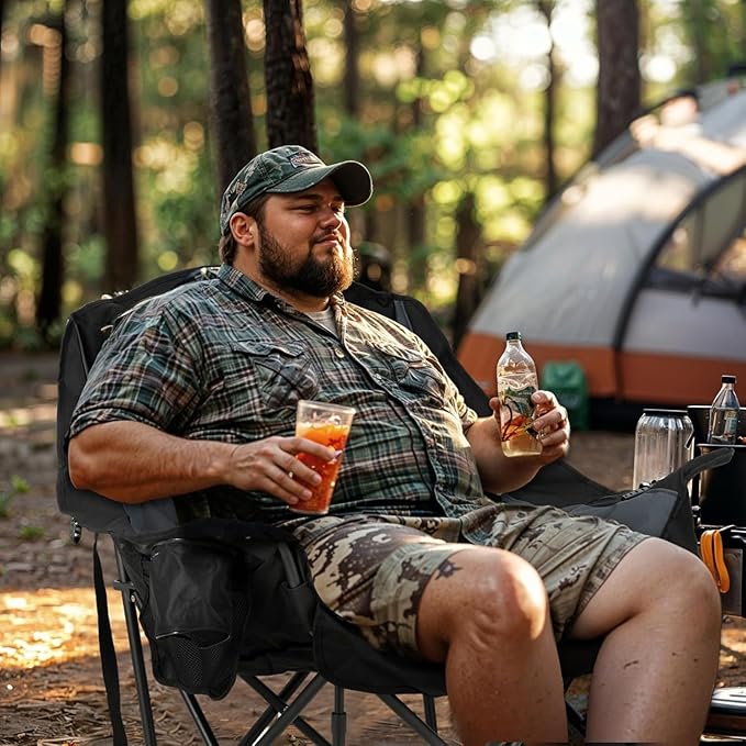 Overmont Oversized XL Camping Chair for Adults - 400lbs Support Heavy-Duty Padded Folding Chair with Side Pocket Cup Holder Cooling Bag for Outdoor Sports Garden Beach Fishing Lawn Black 2pcs