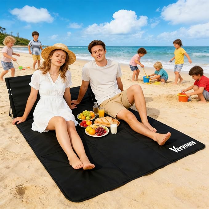 2-Person Portable Beach Lounge Chair with Carry Bag - Lightweight Outdoor Picnic Mat with Back Support for Beach Picnic Concerts Camping &amp Park (Black)