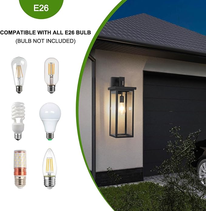 tewei Large Size Outdoor Wall Lantern Exterior Wall Light Fixture Matte Black Porch Light Waterproof Outdoor Lights for House with Clear Glass Shade E26 Base Wall Sconces for Garage (1 Pack)