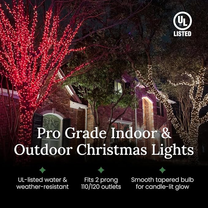 Pro Christmas T5 LED Christmas Lights - 70 Count Classic 5mm String Light Set - Professional Grade Indoor/Outdoor Commercial Holiday Lights for Trees Bushes &amp Décor - Pure White &amp Red