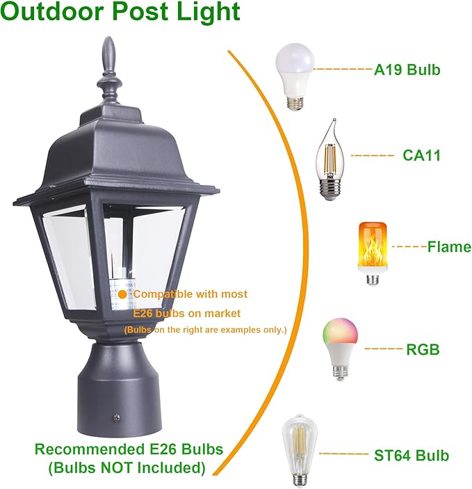LIT-PaTH Outdoor Post Lighting Fixture Pole Lantern E26 Medium Base Max 60W Aluminum Housing Plus Clear Glass Bulb Not Included Matte Black Finish 1-Pack