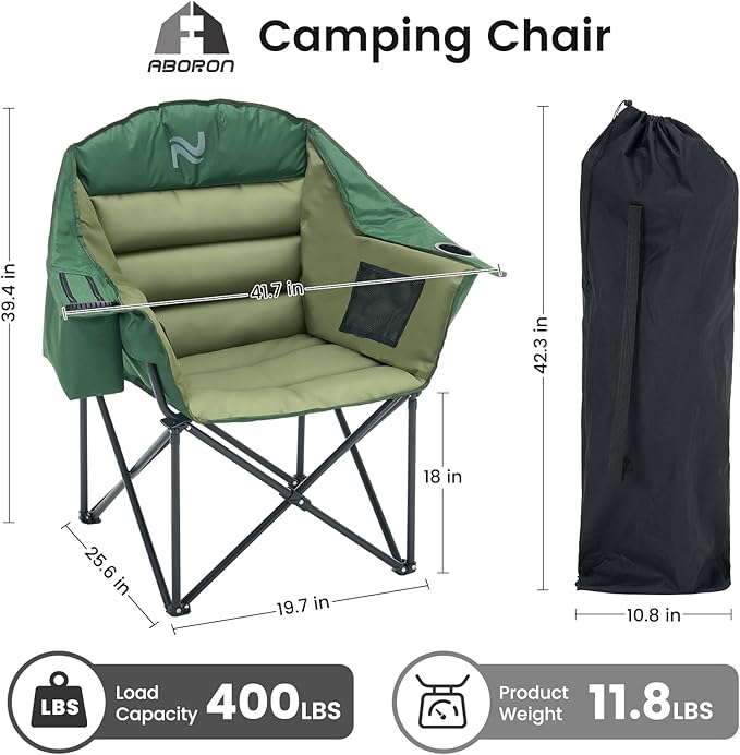 ABORON Oversized Camping Chair Portable Folding Chair with Cooler Bag &amp Cup Holder Heavy Duty Lawn Chair for Camping Patio Backyard Supports 400 lbs