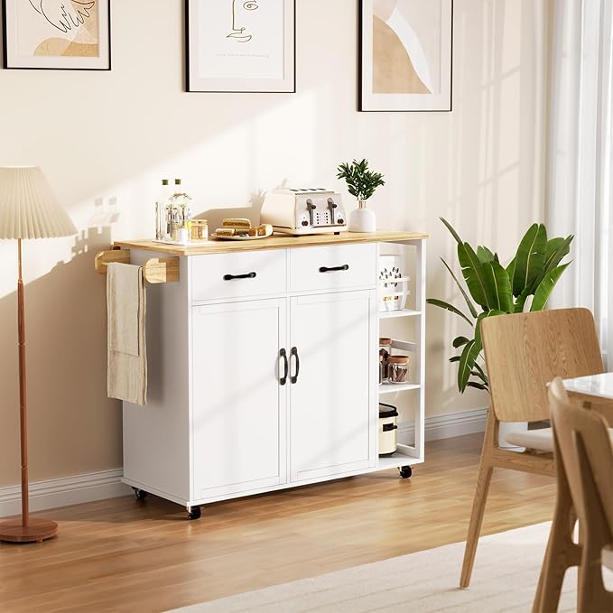 Rolling Kitchen Island Cart with Drop Leaf – 2-Door Cabinet 2 Drawers 3-Tier Spice Rack Towel Holder Bar Table – Ample Storage Utility Cart for Home or Dining Room – Pearl White