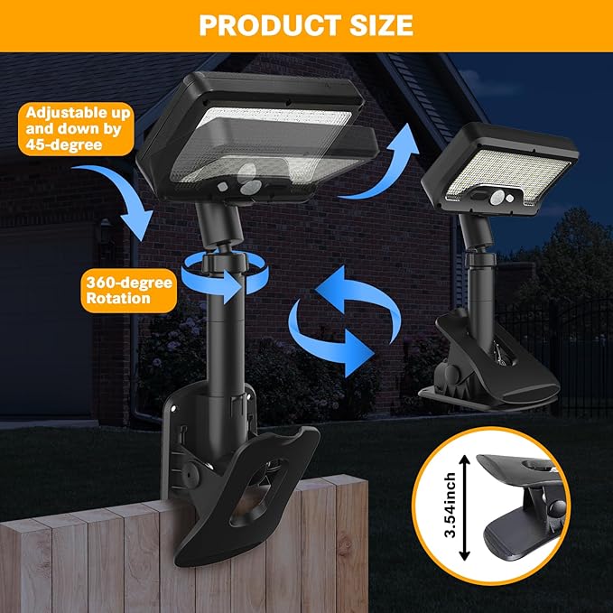 Pacify Clip On Solar Lights Outdoor with Motion Sensor 92 LED 600LM Adjustable Solar Clip Lights IP65 Waterproof Clamp Solar Lights for Fence Deck Gutter Camping Security(2 Pack Warm White 3000K)