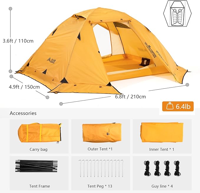 BISINNA 4 Season Tent for Backpacking Winter Tents 2 Person Lightweight Cold Weather Tents Waterproof Double Layer All Season Tent Aluminum Alloy Poles Easy Set Up for Camping Hiking Outdoor