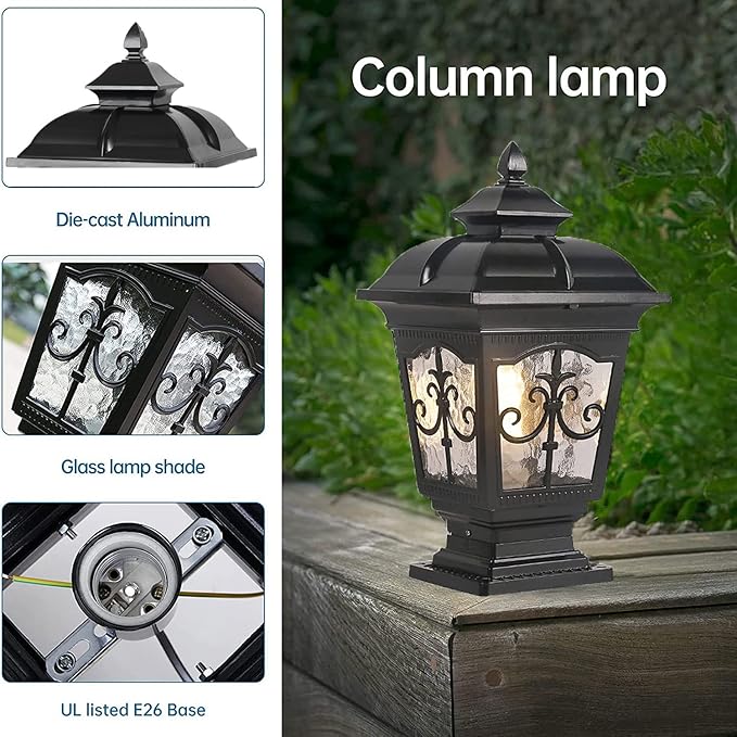 Outdoor Column Lights IP65 Waterproof Garden Post Light Fixture Aluminum Glass Pillar Lights Outdoor Fence Column Cap Light External Patio Landscape Post Lamps (Black)