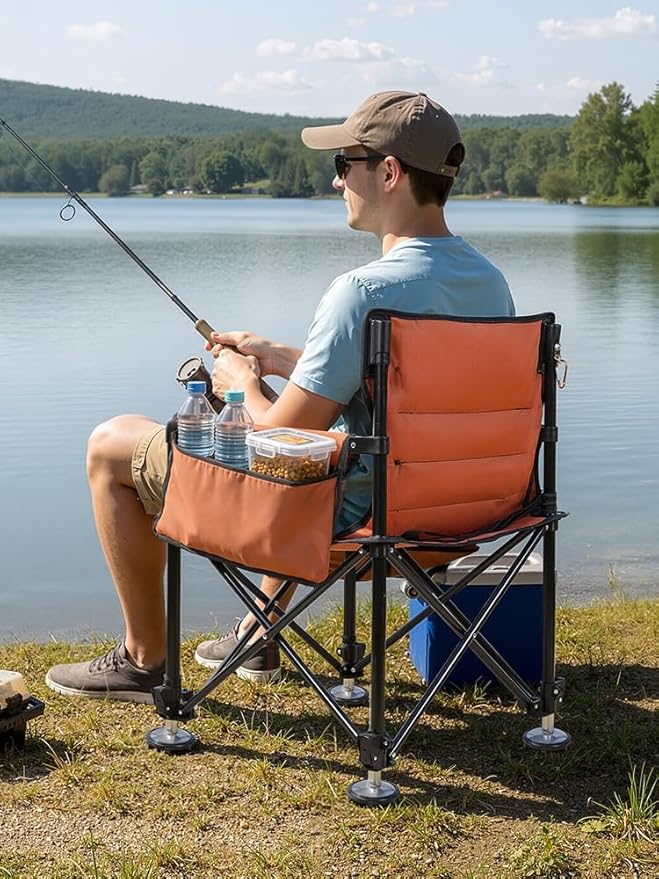 Foldable Fishing Chair Heavy Duty Portable Adjustable Camping Chair with Rod Holders Non-Slip Feet Carrier Bag for Outdoor Fishing Travel Beach Orange