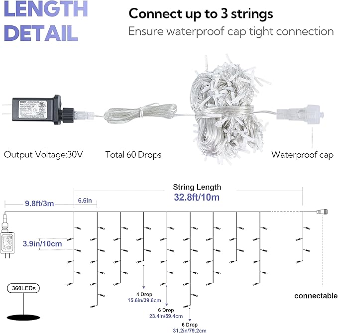 Hopolon 33FT 360L LED Christmas Icicle Lights Outdoor Waterproof8 Modes Plug in Curtain String Lights with 60 DropsChristmas Lights for WeddingPartyBedroomHomeGardenWall Decorations(White)