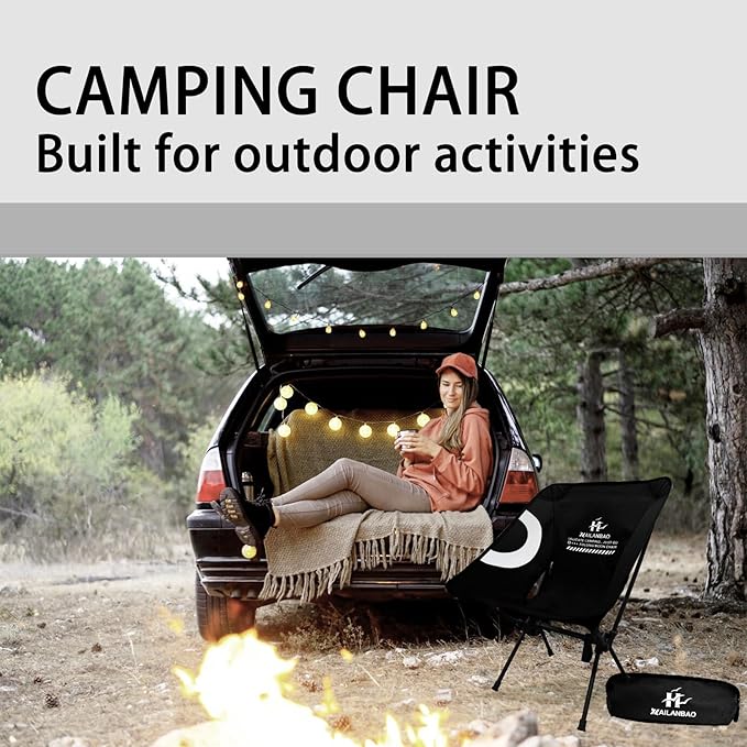 Folding Camping Chair for Adults Heavy Duty 300lbs Capacity Compact Backpacking Hiking Chair – Portable Durable Outdoor Chair with Ergonomic Support (Black)