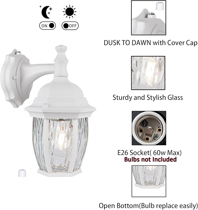 Outdoor Wall Sconces Dusk to Dawn Large Waterproof Porch Light Fixture for Doorway Patio Garage Entryway Aluminum Housing Plus Clear Water Glas White 2-Pack