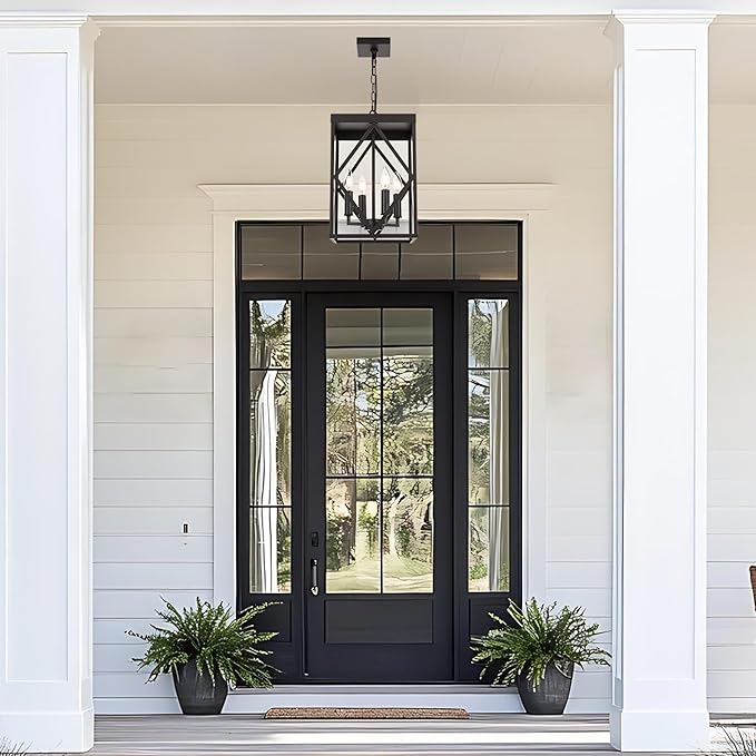 11 Outdoor Pendant Light Exterior Hanging Lantern Farmhouse Oil Rubbed Brozne Outside Chandelier Light Fixture Ceiling Mount Hanging Porch Light with Clear Glass for Front Porch Entrance