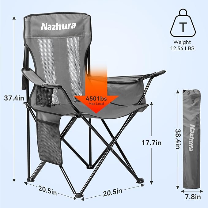 Nazhura 4 Pack Outdoor Camping Chairs Folding/Foldable/Portable with Cooler Pouch Mesh Backrest and Cup Holder Pocket(Grey) (Grey 4 Pack)