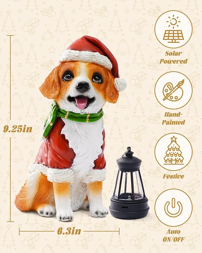 Christmas Dog Garden Statue with Solar Lantern – Santa Dog Figurine in Red Coat &amp Hat Outdoor Christmas Yard &amp Porch Decorations Balcony &amp Lawn Decor for Dog Lovers