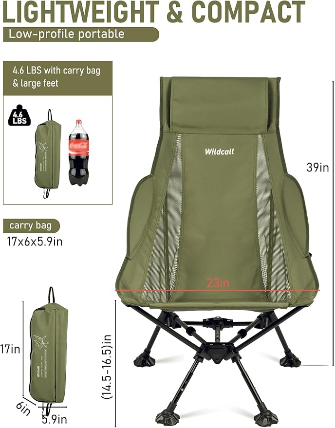 WildCall Lightweight Folding High Back Camping Chair with Head Support Compact Beach Chair with Anti-Sinking Large Feet and Three Tilt Angles Adjustment