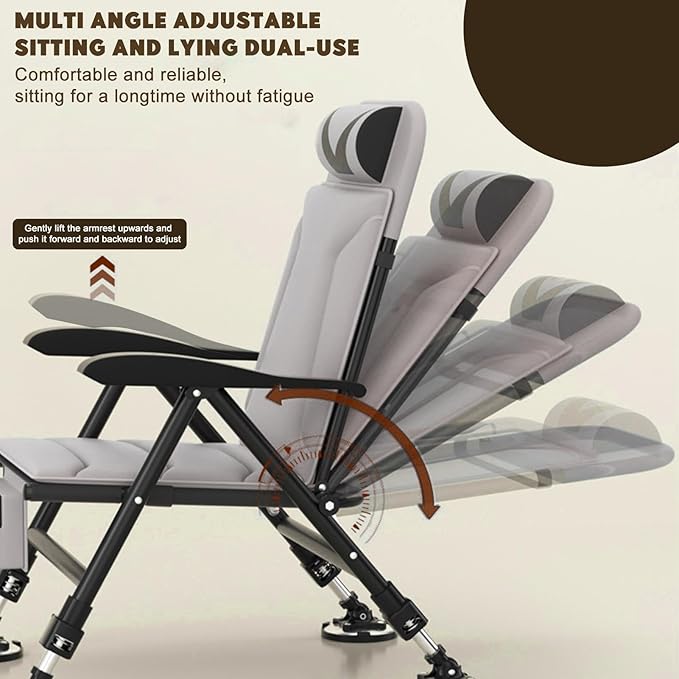 Reclining Fishing Chair Foldable Outdoor Angler Seat with Detachable Cushion &amp Anti-Slip Steel Feet Height Adjustable Patio Beach Recliner Carbon Steel Rod Chair Heavy-Duty Camping BBQ Lawn Ch