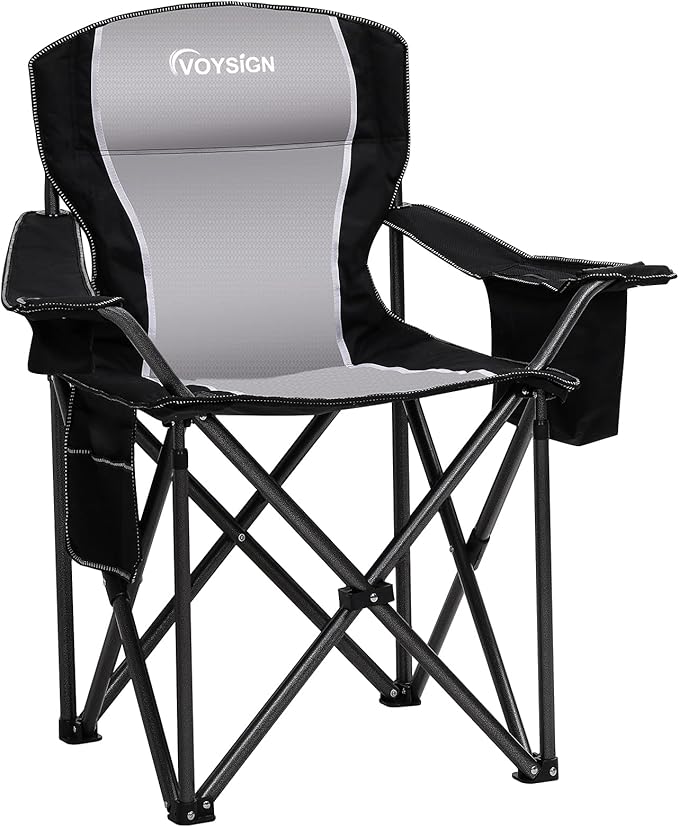 Padded Camping Chairs for Adults 1 Pack Oversized Folding Outdoor Chairs Weight Capacity 475lbs with Cooler Bag Cup Holder Storage Pocket Carry Bag - Black