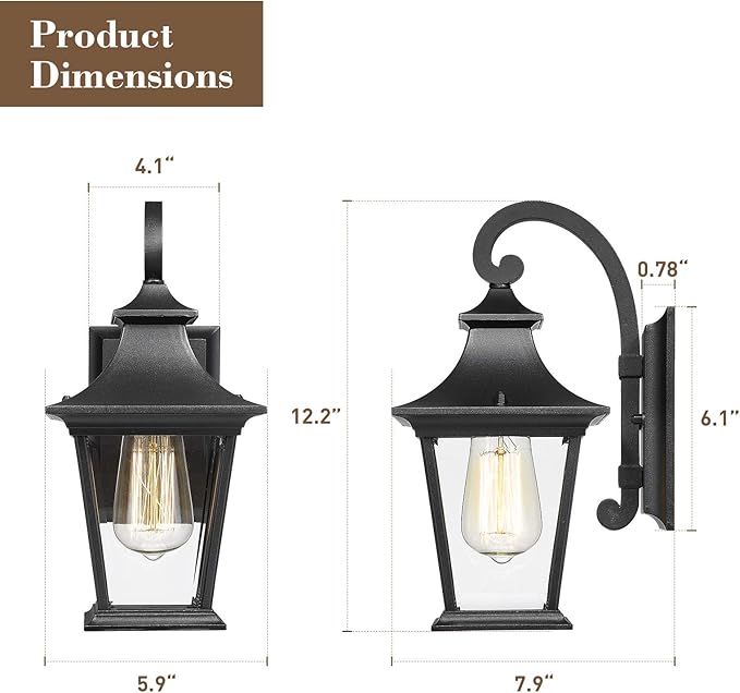 Emliviar Outdoor Wall Lights 2 Pack - Exterior Porch Lights Wall Mount in Black Finish with Clear Glass XE219B-2PK BK