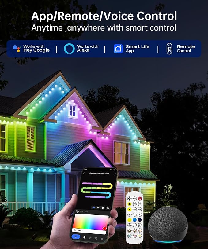 Smart Permanent Outdoor Lights 50ft with 36 LED RGB String Lights IP67 Waterproof Eaves Light with 44 Scene Modes for Halloween Christmas Birthday Holiday Party APP/Voice/Remote Control