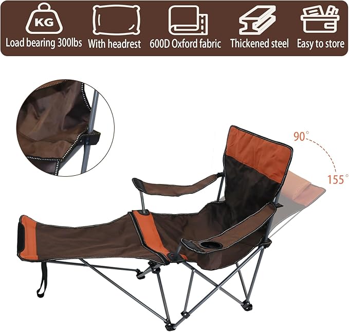 Camping Lounge Chair with Headrest Footrest and Storage Bag Portable Folding Reclining Camping Chair with Foot Rest for Adults Outdoor Camping Beach Hiking Fishing (Orange Brown)