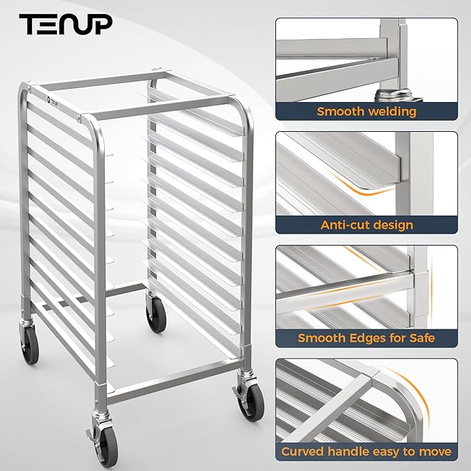 TenUp 10-Tier NSF Aluminum Sheet Pan Rack Commercial Bakery Cooling &amp Storage Cart with Wheels Heavy-Duty Bun Rack – 26 L x 20 W x 38 H