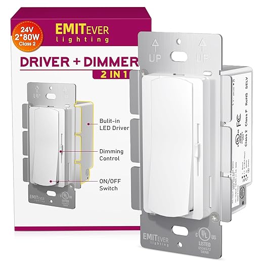 Dimmer Light Switch &amp 24V 160W Dimmable LED Driver 2 in 1 UL Listed Class 2 Single-Pole or 3-Way Slide Dimmer Switch for Led Lights120VAC to 24VDC Power Supply for Low Voltage Project Glossy Wh