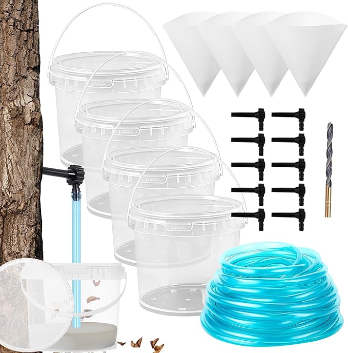 5 Sets Maple Syrup Tapping Kit Starter Set Included 5 Clear Buckets with 10 Lid 32ft Tubing 4 Maple Syrup Filters 10 Taps &amp 1 Drill Bit Maple Birch Syrup Collection Supplies