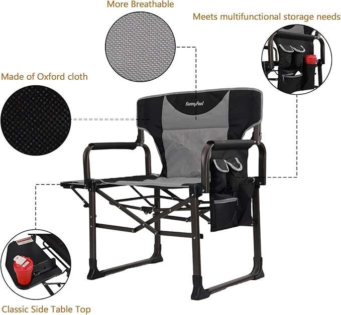 SUNNYFEEL Oversized Camping Directors Chair Black Portable Folding Chair for Adults Support 600lbs with Side Pocket and Side Table for Beach Fishing Trip Picnic Lawn Outdoor Foldable Camp Chairs