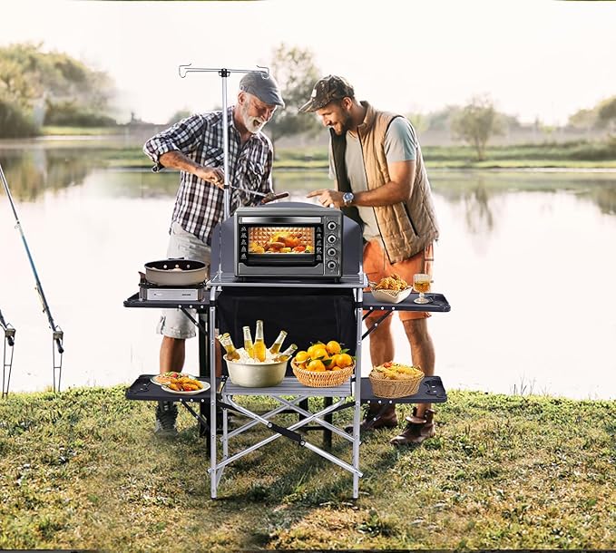 Nice C Camping Kitchen Station Camping Table Picnic Table Grill Table Folding Table Upgrade Light Stand and Windshield Cooking Station &amp Organizers Carry Bag for Beach Picnic (Silver/Black)