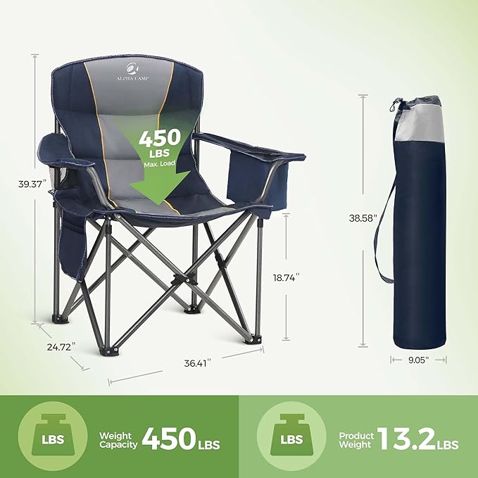 LET'S CAMP Folding Camping Chair Oversized Heavy Duty Padded Outdoor Chair with Cup Holder Storage and Cooler Bag 450 LBS Weight Capacity Thicken 600D Oxford2 Pack