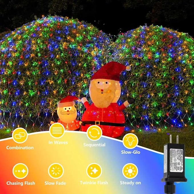 YEGUO Net Lights Outdoor Mesh Lights 12ft x 5ft 360 LED Multicolor Christmas Light Outdoor Waterproof 8 Modes Connectable Clear Wire Bush Light Plug in