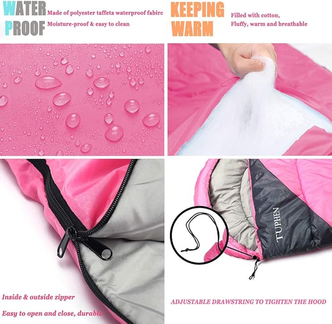 tuphen- Sleeping Bags for Adults Kids Boys Girls Backpacking Hiking Camping Microfiber Liner Cold Warm Weather 4 Seasons Indoor Outdoor Use Lightweight &amp Waterproof