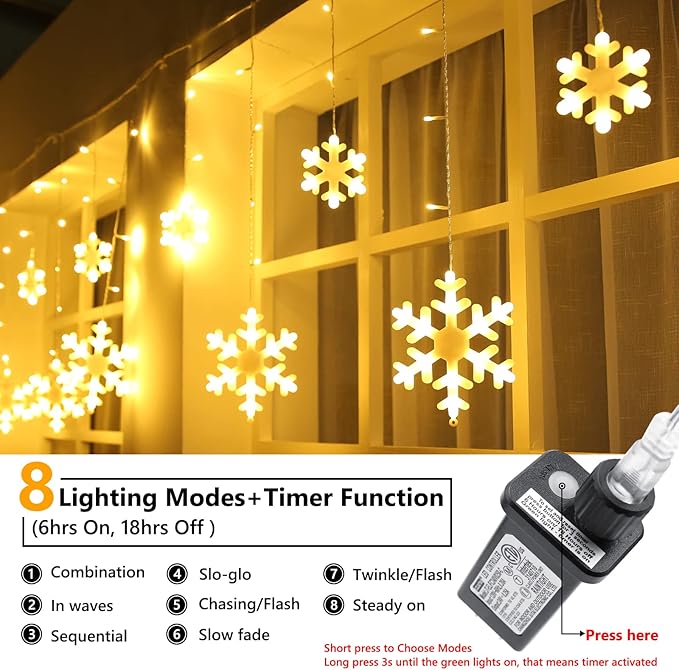 Toodour Christmas Snowflake Lights Outdoor 17.22ft 264 LED Snowflake Icicle Lights with 22 Drops Connectable 8 Modes Waterproof Warm White Christmas Light for Curtain Eaves Window Xmas Decor